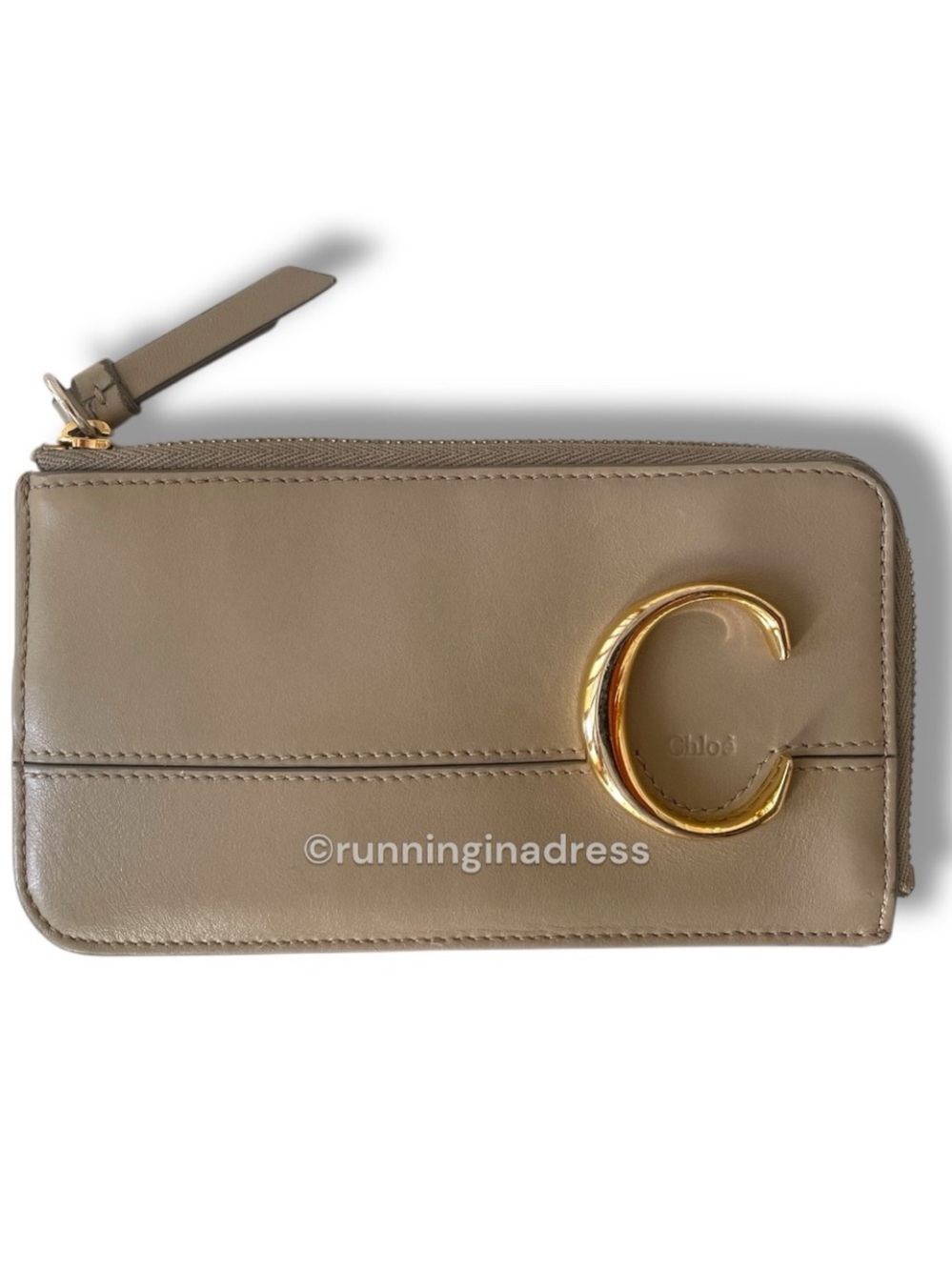 Authentic Chloé C Gold Coin Purse Zip Card Holder Motty Gray Leather Wallet Key